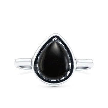 Petite Dainty Pear Simulated Black Onyx Ring Solid Oxidized 925 Sterling Silver